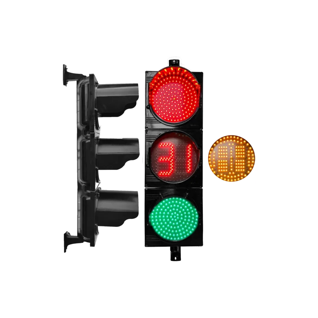 Opciónes: Semafóro vehicular D=300mm - Tres luces Rojo, Contador-Amarillo y Verde